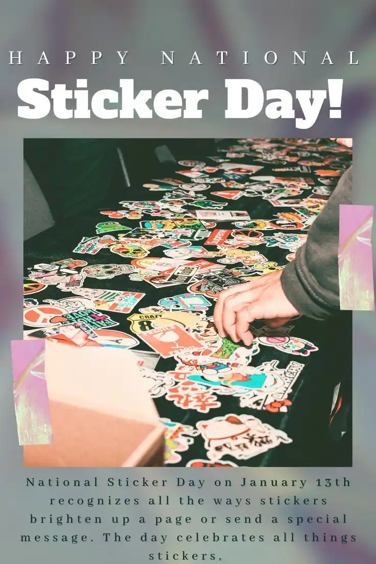 A hand reaches over a surface covered in a colorful assortment of various stickers, with a cardboard box nearby. Large white…