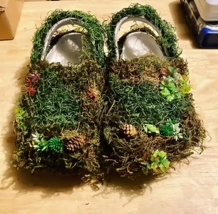 A pair of white clogs covered in green moss, pinecones, and small artificial plants, sitting on a wooden surface. Overlaid…