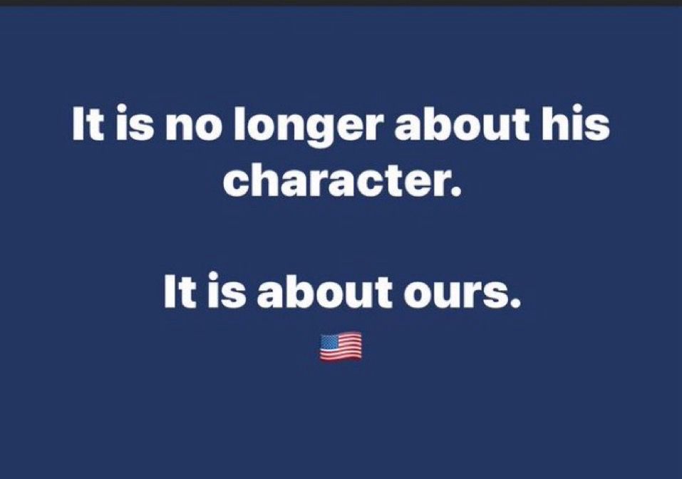 A solid dark blue background displays two lines of white text: 'It is no longer about his character.' followed by 'It is…