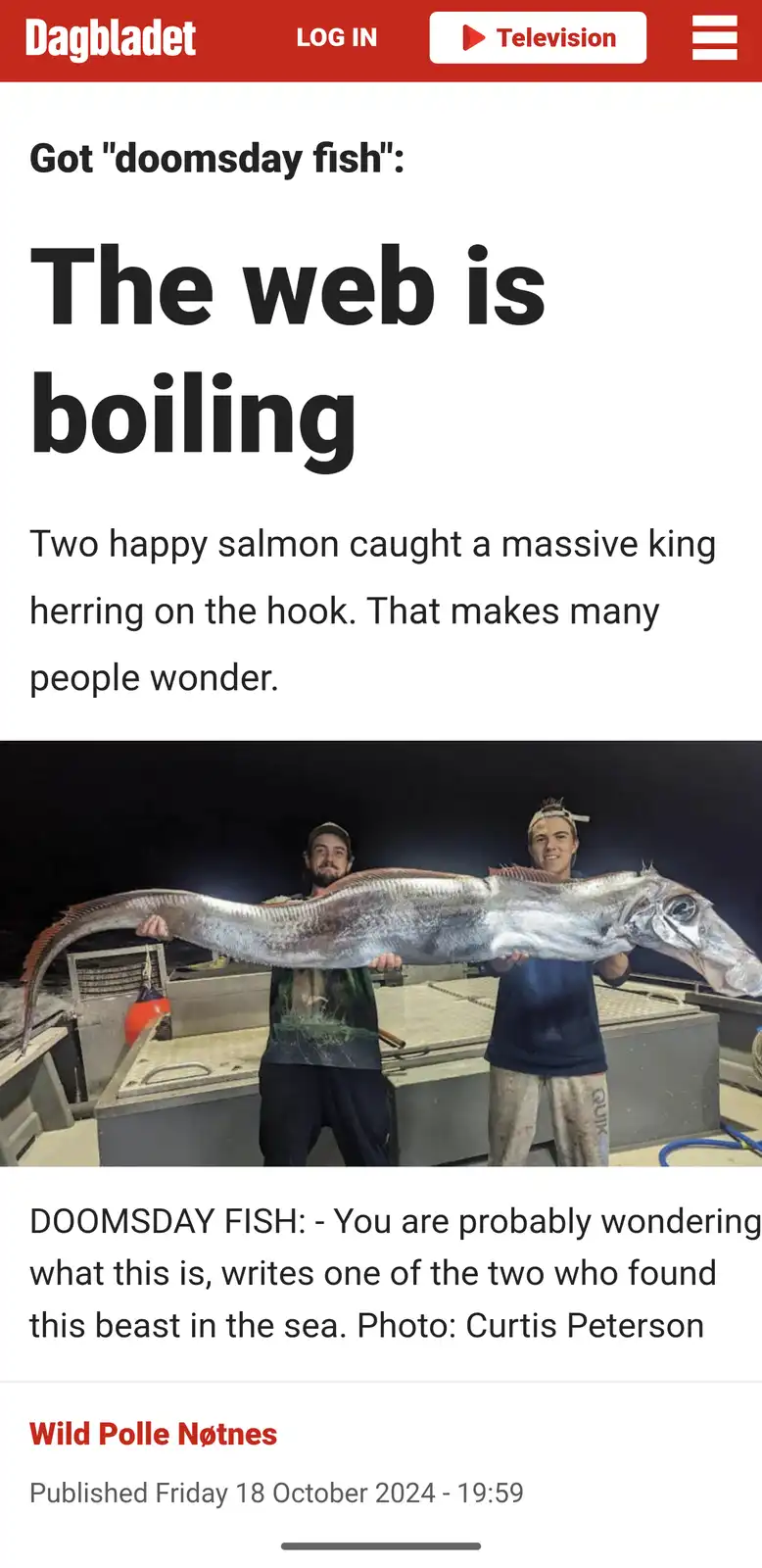 Two smiling men are holding up an extremely long, slender, silver fish with a large head and prominent eyes, standing on a…