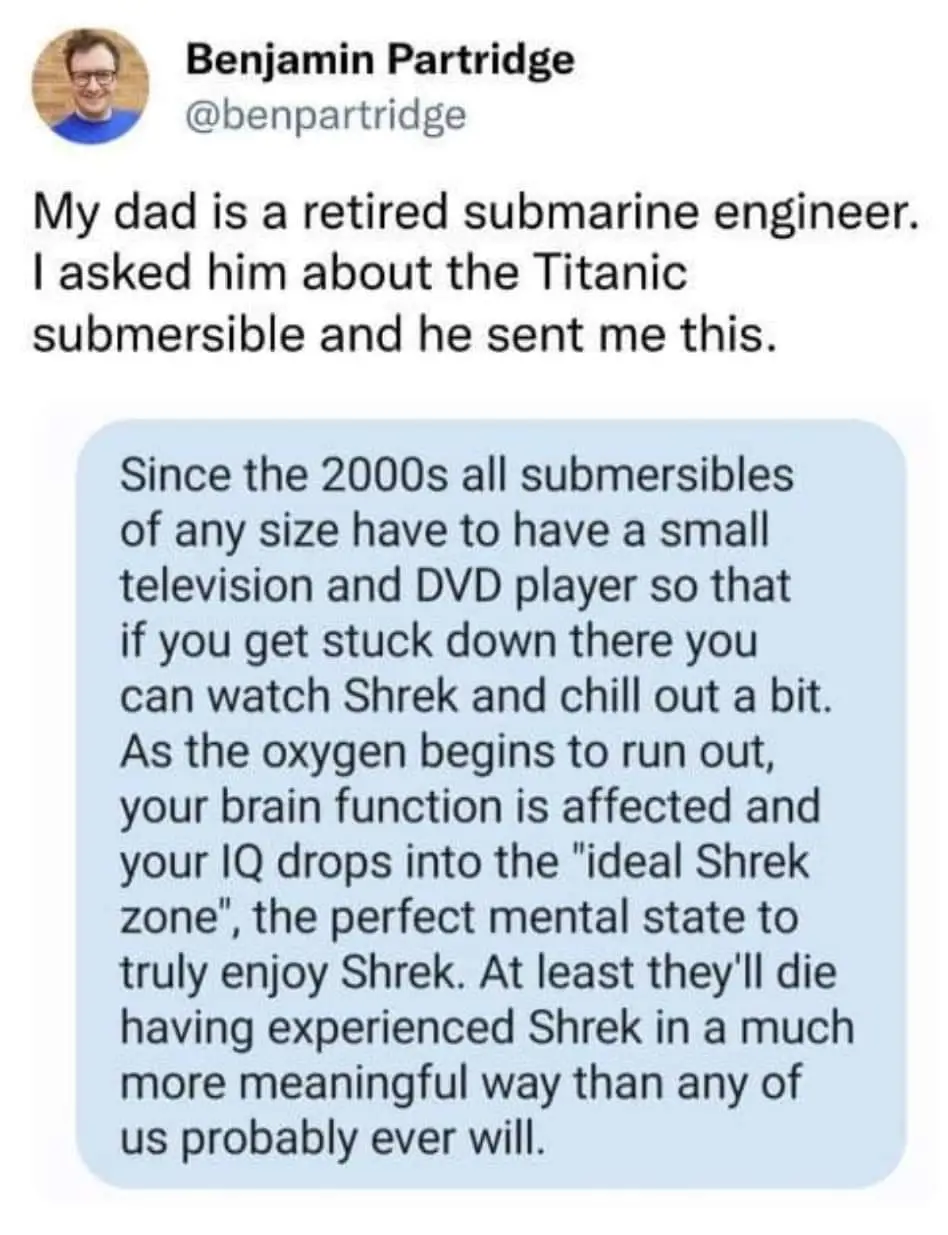 A screenshot of a tweet by Benjamin Partridge showing a text message from his dad, a retired submarine engineer, explaining…
