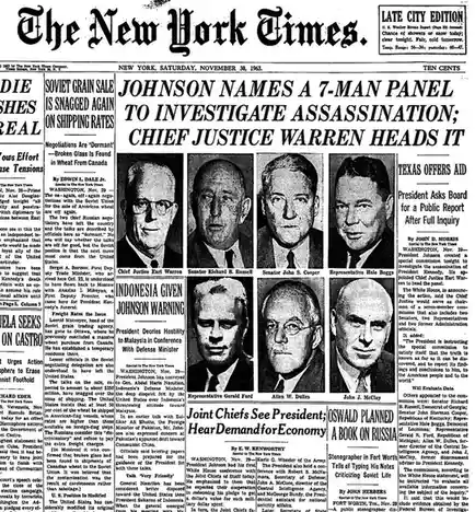 A vintage 1963 New York Times front page shows a headline about President Johnson appointing a 7-member commission to…