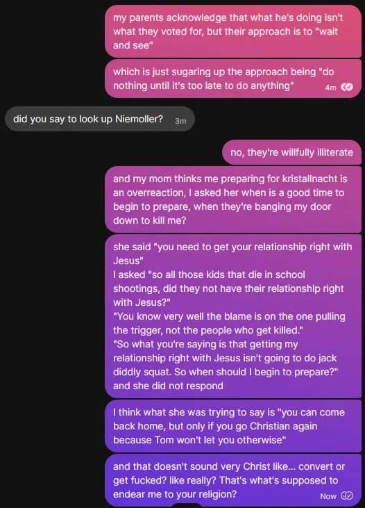 A screenshot of a text conversation where a user recounts a disturbing exchange with their mother about preparing for…