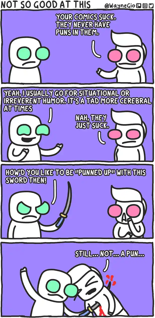 A four-panel comic strip featuring two cartoon characters with simple white bodies and large eyes. The first character…