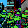 four pixelated Teenage Mutant Ninja Turtles are shown side-by-side, each wearing a different colored bandana (blue, orange…
