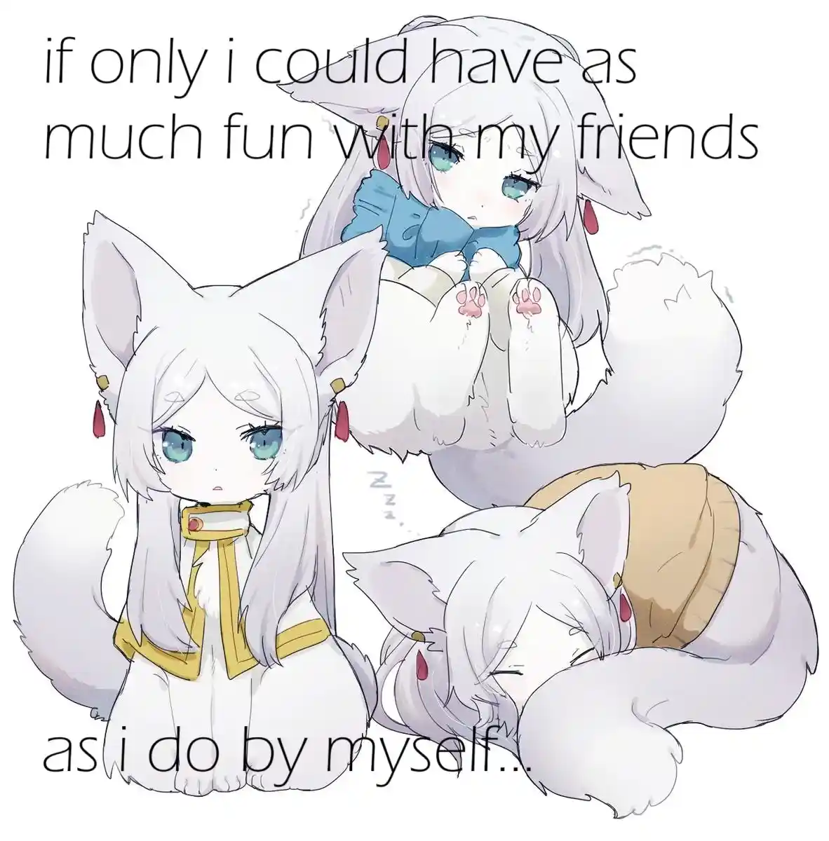 Three anime-style white-furred fox girls with blue eyes and red earrings are shown. One is sitting upright looking sad…