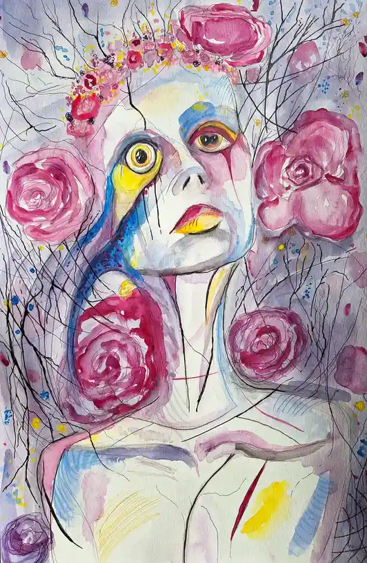 A watercolor painting depicts a surreal, stylized human figure with one eye yellow and the other normal, surrounded by large…
