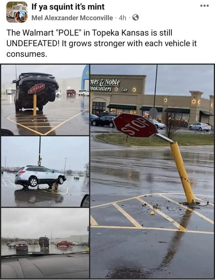 A four-panel image collage shows a Walmart parking lot with a bent stop sign pole and cars that have crashed into it. The…