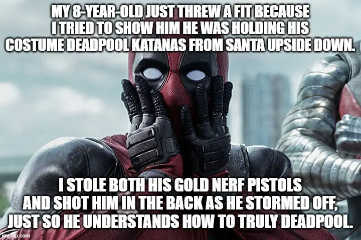 The image shows the superhero Deadpool with his hands covering his face in a classic 'facepalm' pose. The overlaid text…