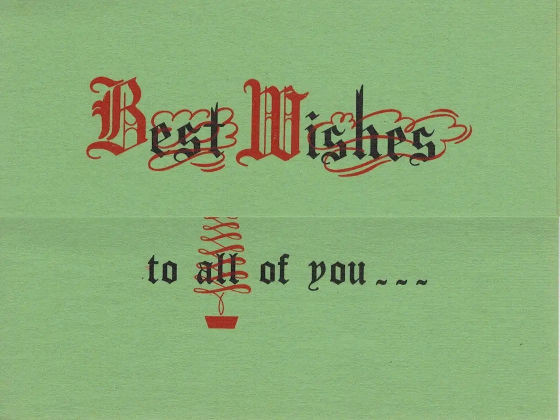 A vintage-style green greeting card with ornate red and black lettering. The top line reads 'Best Wishes' in a decorative…