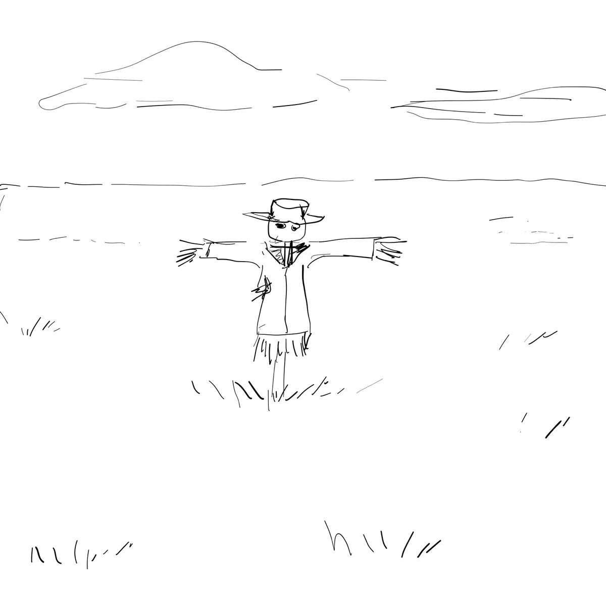A simple black-and-white line drawing shows a scarecrow with a hat and outstretched arms standing in a field with clouds…