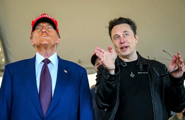A photo shows Donald Trump wearing a red 'MAKE AMERICA GREAT AGAIN' cap and looking upward, while Elon Musk, in a black…
