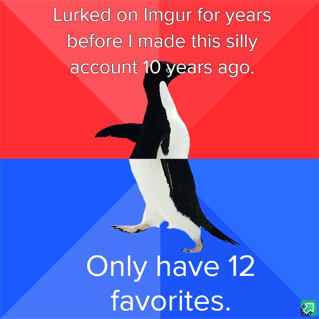A penguin stands centered against a red and blue background, with white text overlaid. The top text reads 'Lurked on Imgur…