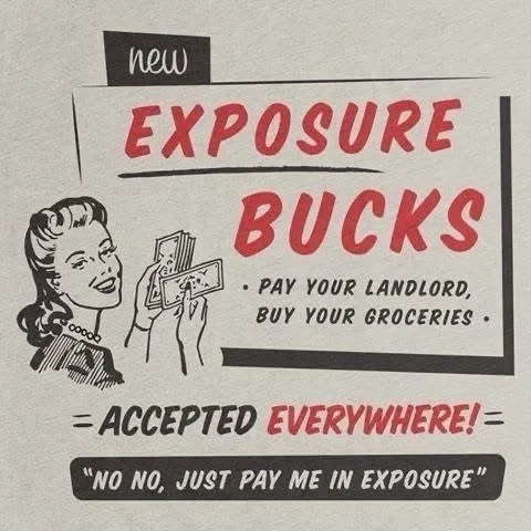 A vintage-style advertisement features a smiling woman holding cash, promoting 'new EXPOSURE BUCKS' as a currency to pay…