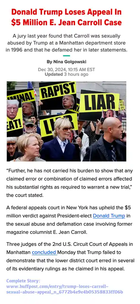A screenshot of a HuffPost news article about Donald Trump losing an appeal in a $5 million sexual abuse case with E. Jean…