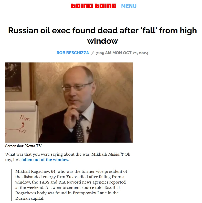 A screenshot of a news article from Boing Boing about Russian oil executive Mikhail Rogachev's death after falling from a…