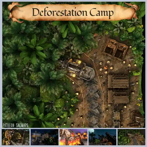 An overhead view of a jungle clearing labeled 'Deforestation Camp' shows a large mechanical tree-felling machine surrounded…