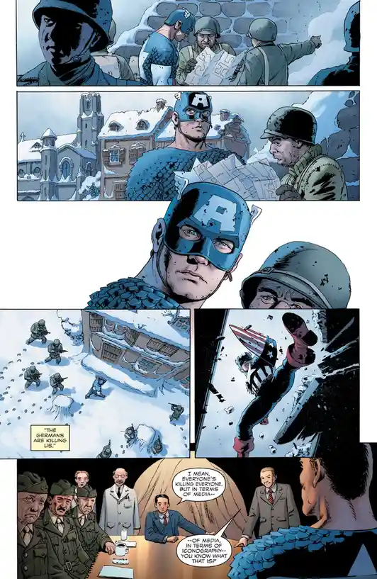 A comic book panel sequence shows Captain America and soldiers in a snowy war setting, with one soldier stating 'THE GERMAN…