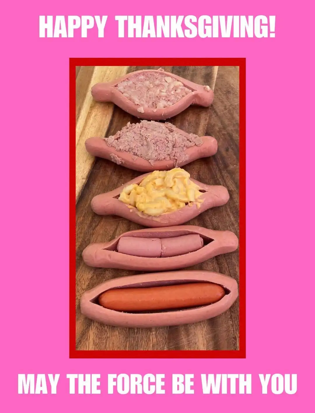 Five hot dogs are arranged vertically on a wooden surface, each progressively more 'filled' with different fillings: the…