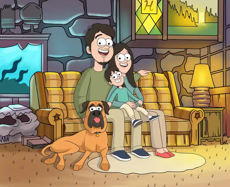 A cartoon family of three—father, mother, and child—sits happily on a yellow plaid couch in a cozy stone-walled living room…