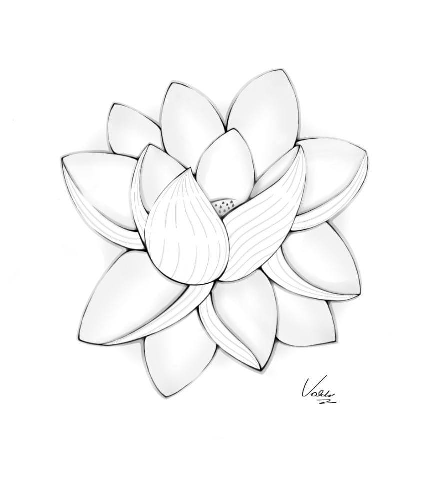 A black-and-white line drawing of a stylized lotus flower with layered petals and a central bud, signed 'Valky' in the…