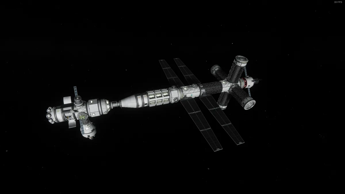 A detailed 3D rendering of a space station, resembling the International Space Station, floats in the blackness of space…