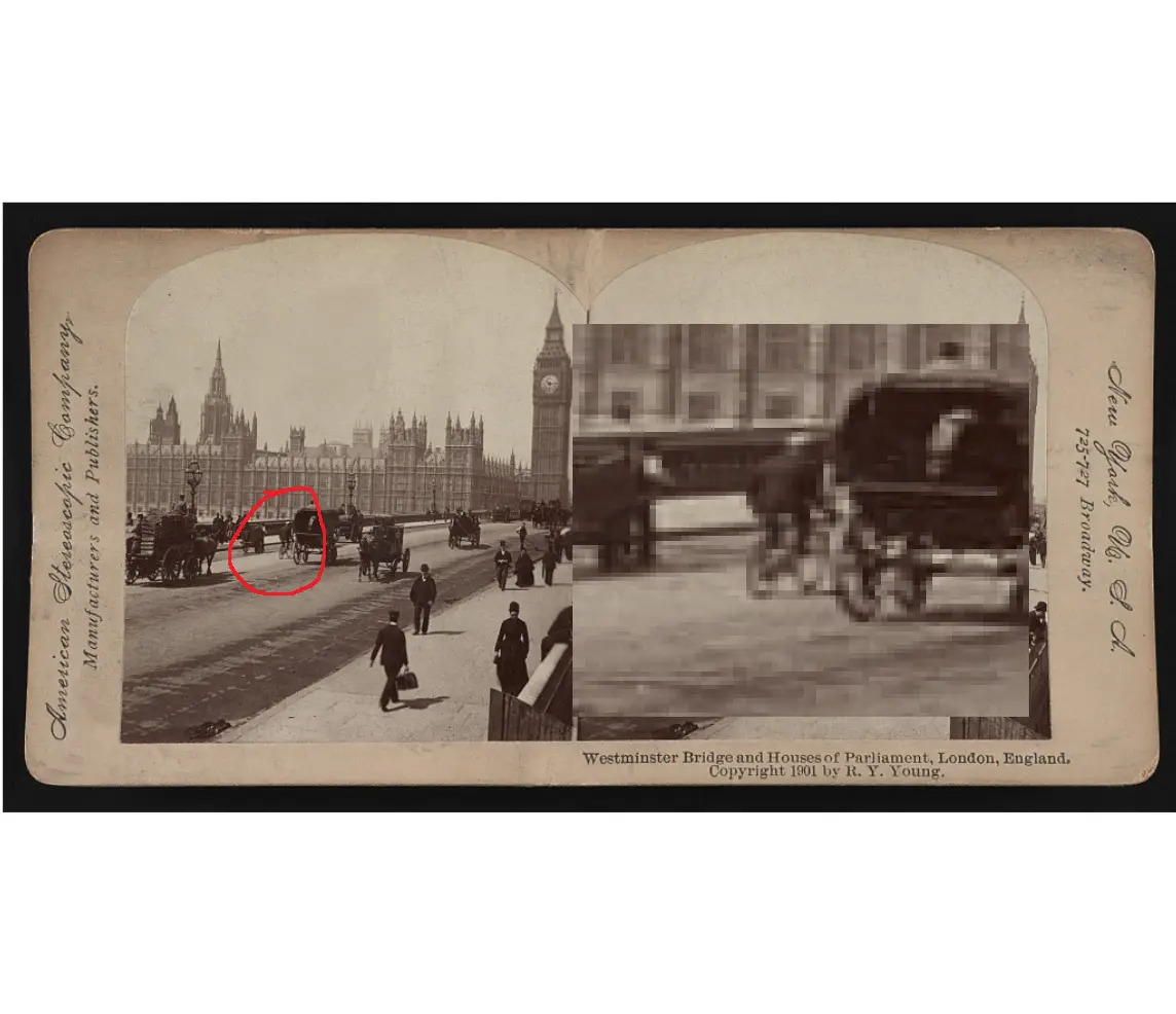 This is a vintage stereoscopic photograph from 1901 showing Westminster Bridge and the Houses of Parliament in London, with…
