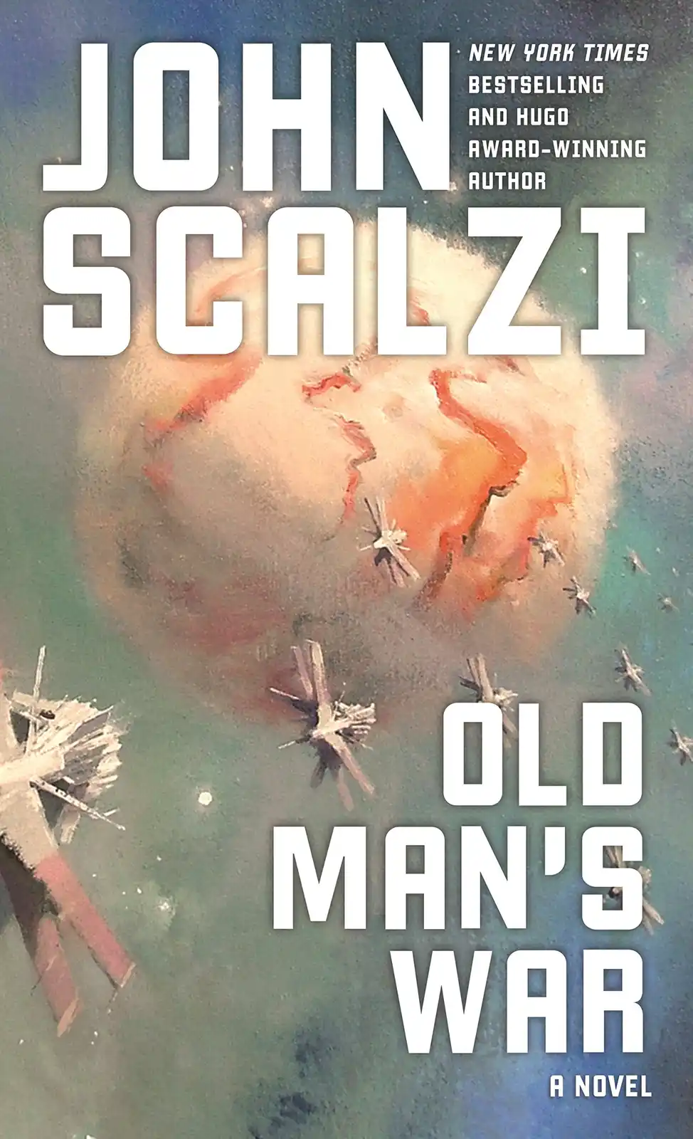 The image is the cover of John Scalzi's novel 'Old Man's War,' featuring a space battle scene with starships attacking a…