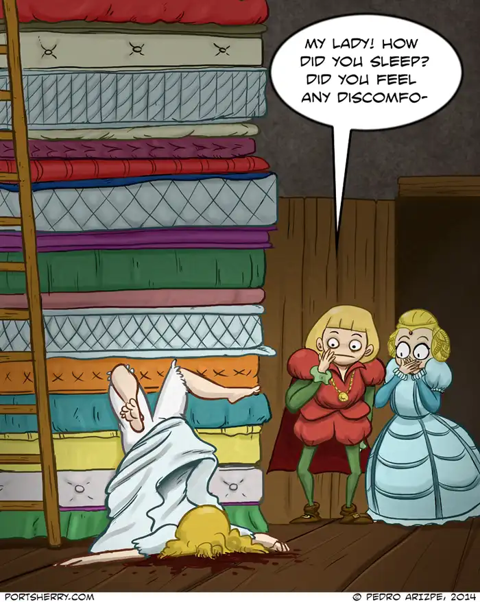A cartoon depicts a woman in a white dress lying dead on a wooden floor with blood pooling around her, while two servants in…