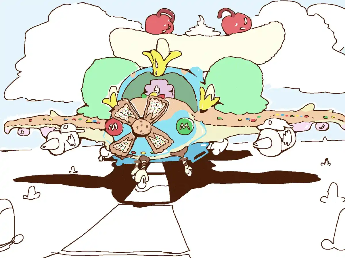 A cartoon airplane is decorated like a giant dessert, featuring a cookie flower on the nose, cherry-topped clouds, and…