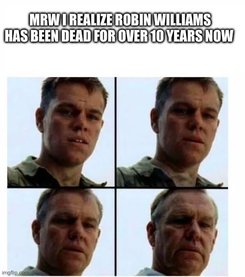The image displays a four-panel grid showing actor Matt Damon in a military uniform, progressing from a neutral expression…
