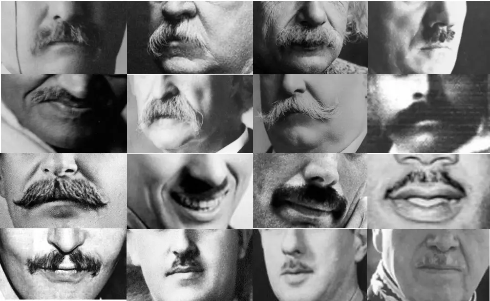 A black-and-white collage of 16 close-up photos of men's faces, each highlighting a different style of mustache, ranging…