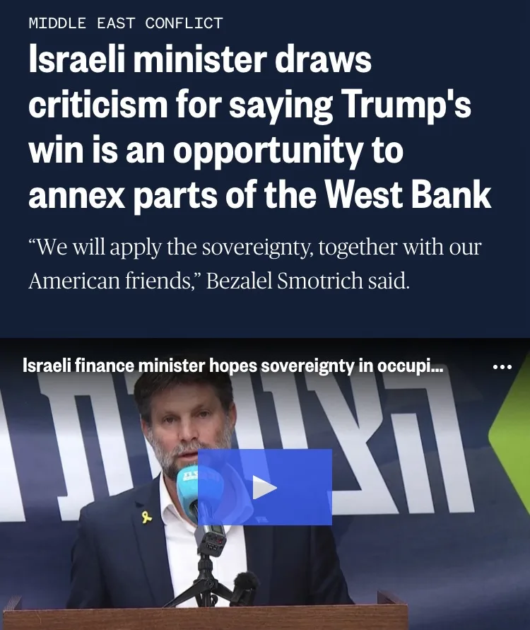 A screenshot of a news article about an Israeli minister's comments on annexing parts of the West Bank, overlaid with a…
