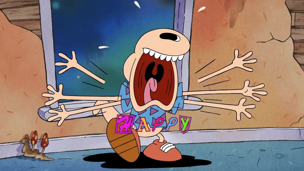 A cartoon character with multiple arms and an exaggerated open mouth is shown in three panels, progressively screaming with…