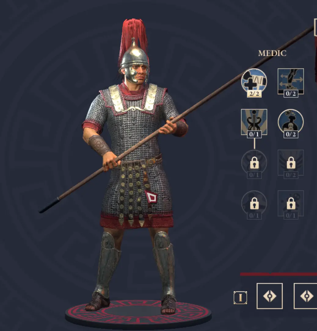 A video game character dressed as a Roman soldier with chainmail, red plumed helmet, and a long spear, standing on a…