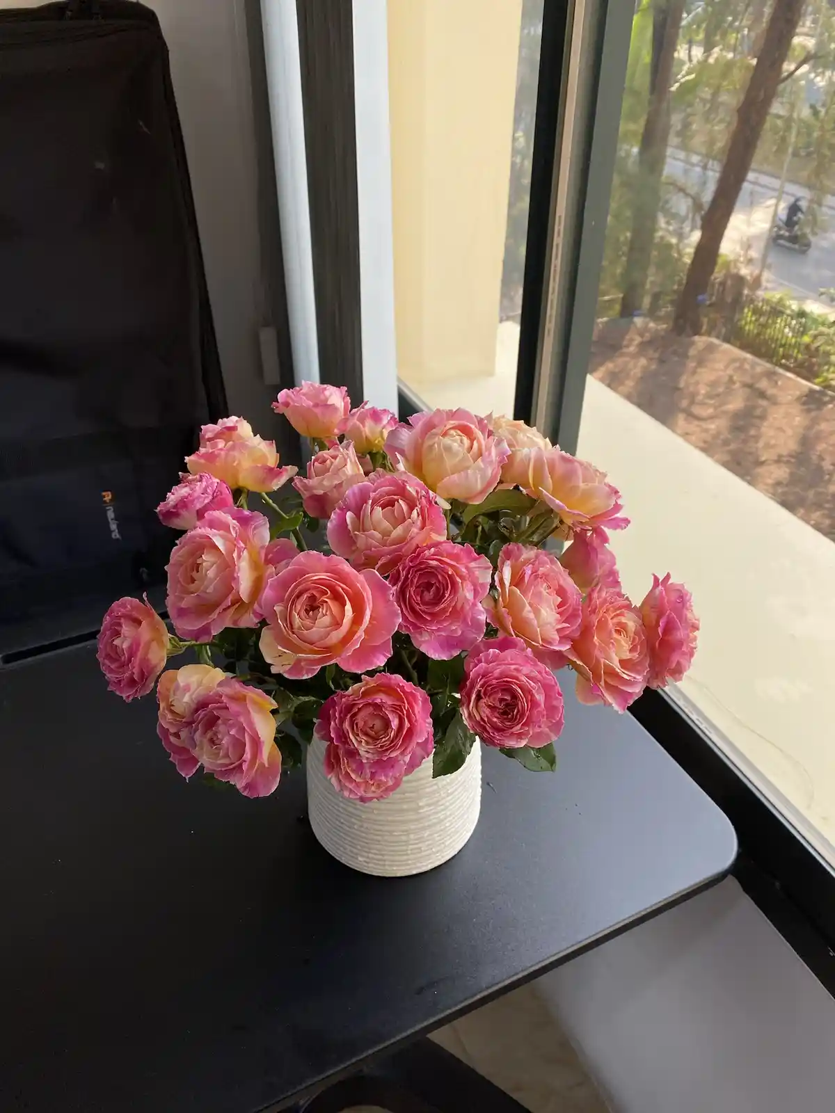 A vibrant bouquet of pink and peach-colored roses sits in a white textured vase on a black table near a window. Outside…
