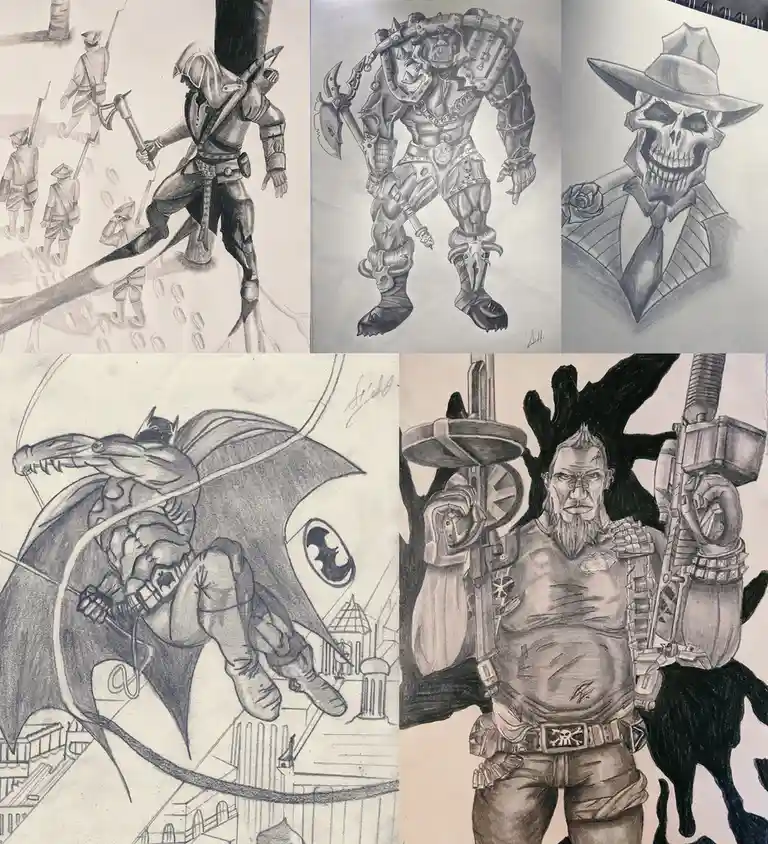 A collage of five pencil sketches showing various characters: an assassin in a hood walking past soldiers, a heavily armored…