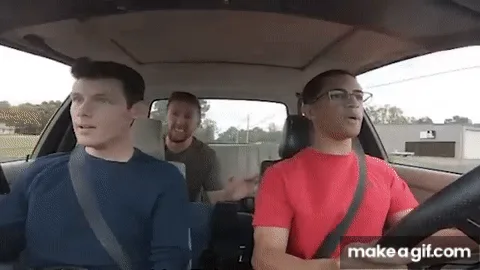 A six-panel car interior GIF shows a driver in a blue shirt and a passenger in a red shirt. The passenger gestures and…