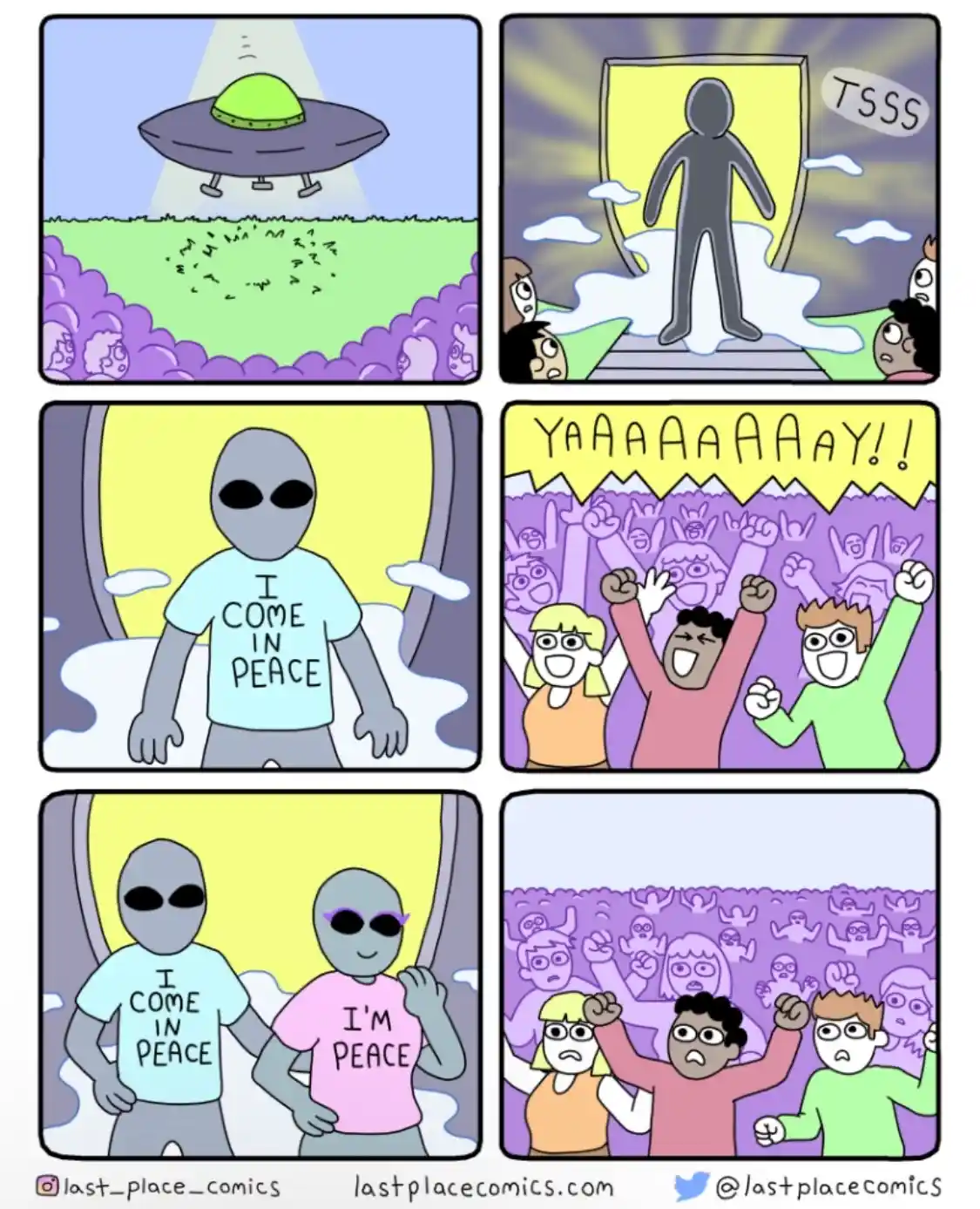 A six-panel comic strip shows a UFO landing, then an alien in a 'I COME IN PEACE' t-shirt emerging from a portal, causing a…