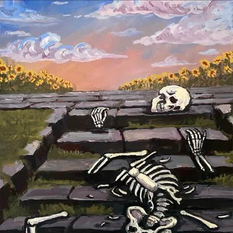 A painted scene shows a skeleton lying on stone steps with its skull resting on the top step, surrounded by sunflowers under…