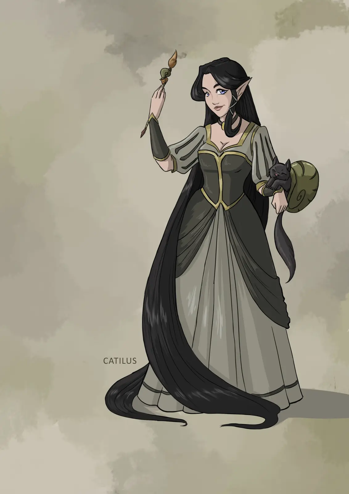 An elf woman with long black hair and pointed ears wears a grey and gold dress, holding a lit torch in one hand and a small…