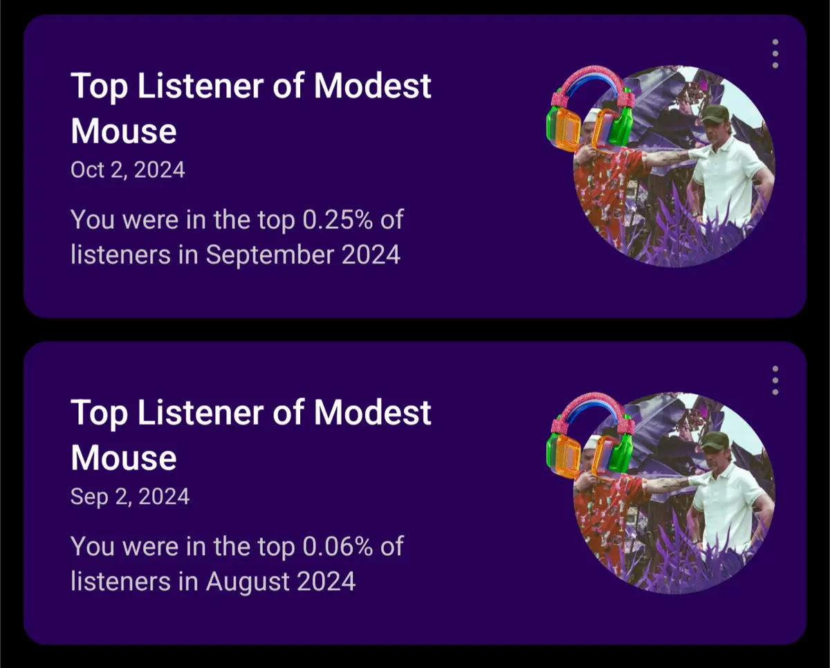 Two identical Spotify-style 'Top Listener' notifications for Modest Mouse, dated October 2 and September 2, 2024, each…