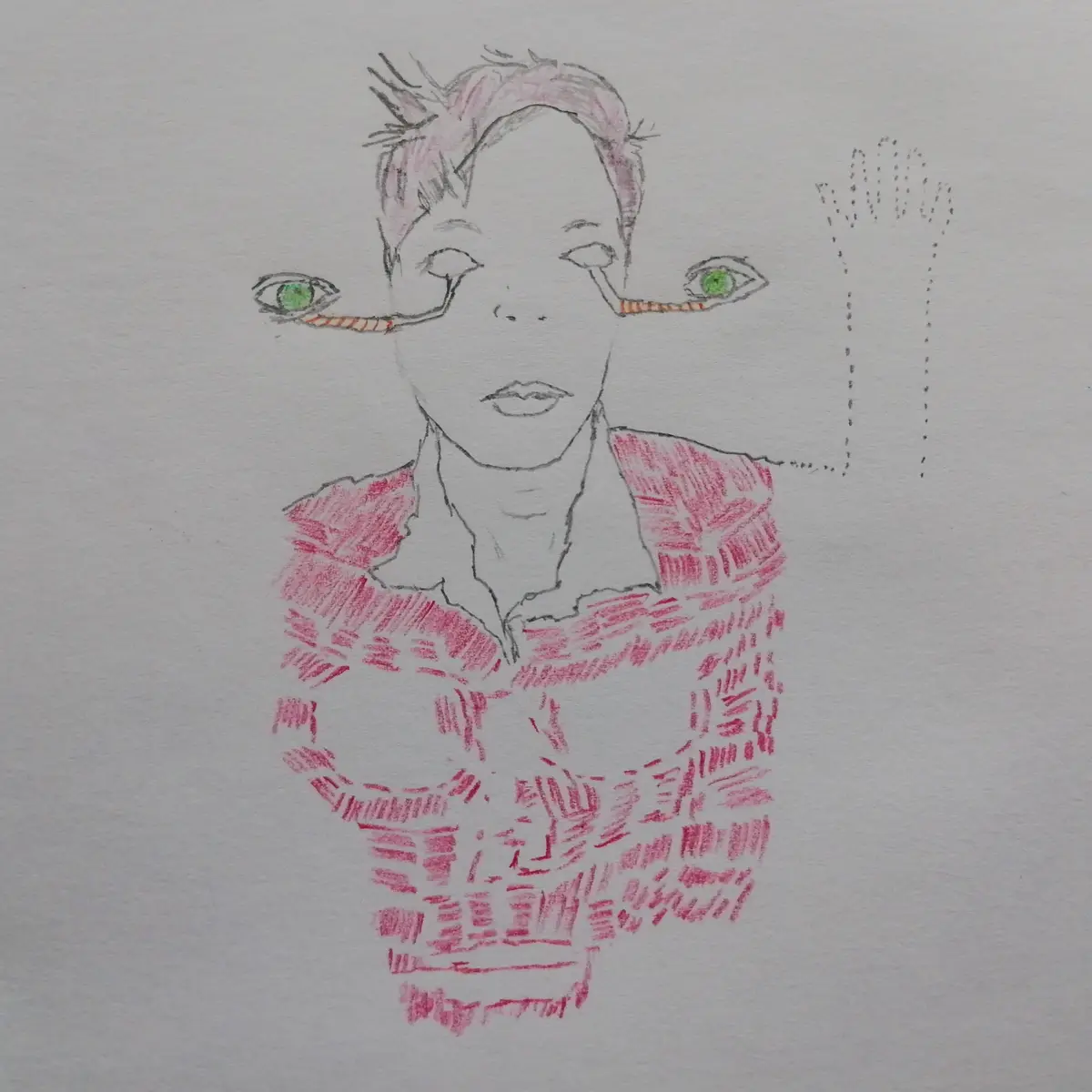 A hand-drawn sketch shows a person with short hair and a red patterned shirt, but their eyes are replaced by two green…
