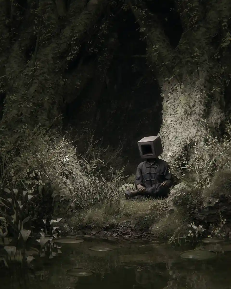A person sits cross-legged in a dark, mossy forest clearing beside a pond, wearing a traditional robe and a large, hollow…