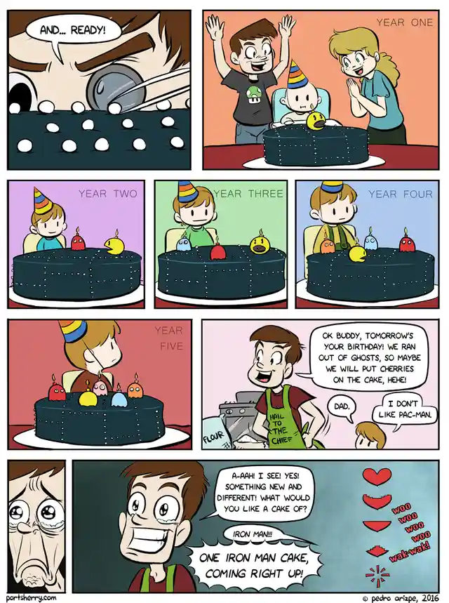 A comic strip shows a child's birthday cake decorations evolving from Pac-Man-themed candles over five years, culminating in…