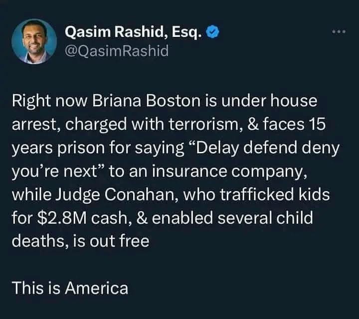 A screenshot of a tweet by Qasim Rashid, Esq., showing a dark background with white text. The text details a legal case…