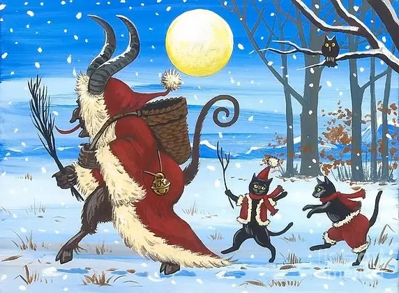 A snowy winter scene depicts a horned, devil-like figure in a red Santa suit carrying a basket, chased by two black cats…