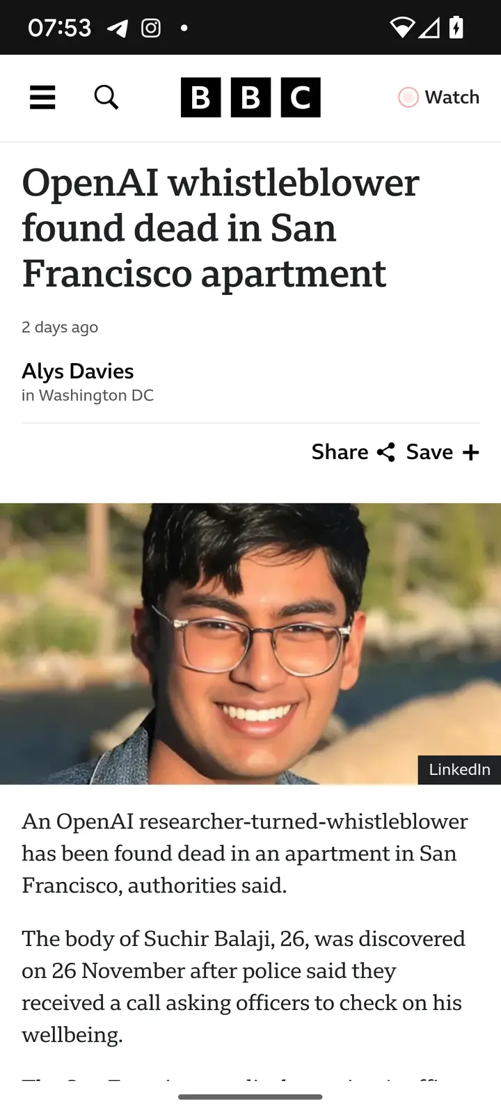 A screenshot of a BBC news article about OpenAI whistleblower Suchir Balaji found dead in San Francisco, featuring his…