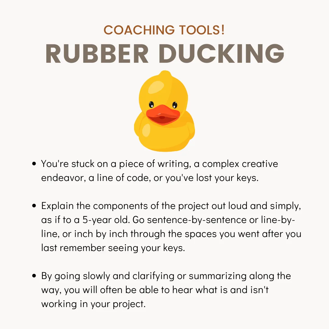 A graphic with a yellow rubber duck centered on a light background, overlaid with text explaining the 'rubber ducking'…