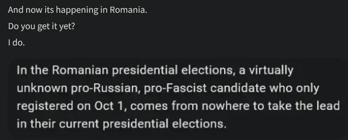 A screenshot of a text conversation with a dark background, showing a message that reads 'And now its happening in Romania…